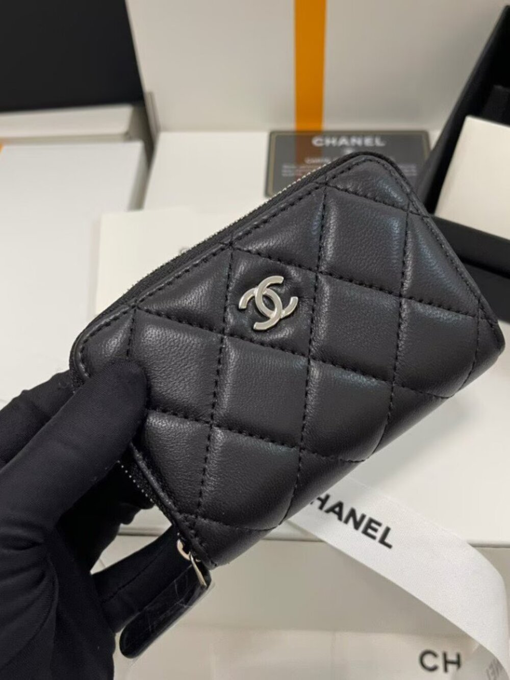 Chanel Classic Quilted Zip Card Holder Black Lambskin Silver CC